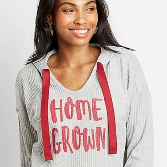 Grey Heather Waffle Knit Hooded Pullover Top - Picture 1 of 8